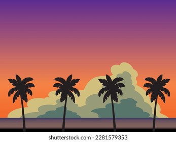 Sea, evening sky, clouds, palm landscape illustration