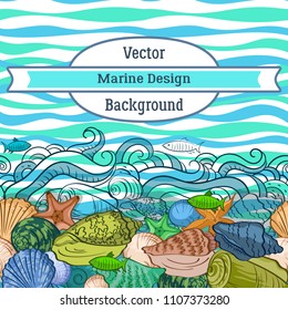 Sea Exotic Pattern, Seashells, Fishes, Starfish Colorful and Contours on a Blue and Green Wave Background. Vector