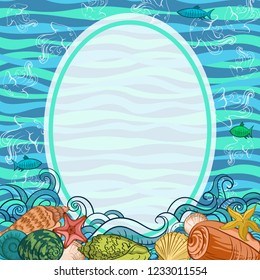 Sea Exotic Pattern, Seashells, Fishes, Starfish Colorful and Contours on a Blue and Green Wave Background. Vector