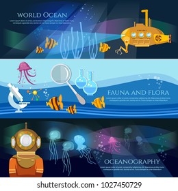 Sea exploration banner. Scientific research of sea and ocean yellow submarine underwater with periscope divers. Oceanography 