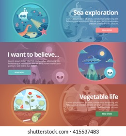 Sea exploration. Science of life. Ufology. Flying saucer. Alien abduction. Vegetable life. Botany study. Education and science banners set. Vector design concept.