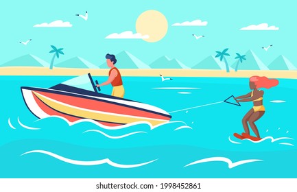Sea extreme. Summer beach sport, woman on water skis, young man drives motor boat, happy people engaged aqua activities and recreation. Active leisure time. Vector cartoon seaside concept