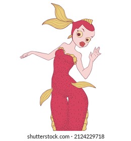 Sea fairy tale beautiful cute illustration of a mermaid with a fish head in red scales. Siren. Underwater. Hand drawn vector illustration. Fashion graphics, postcards, books. Vector 