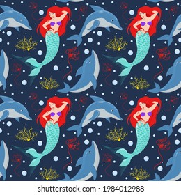 sea fairy vector pattern with a mermaid and dolphins on a dark blue background