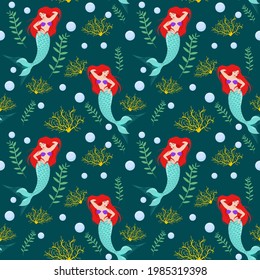 sea fairy vector pattern with a mermaid on a dark blue background