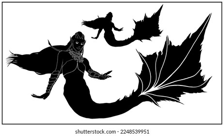 Sea fantasy creature in full growth, a dark mermaid with long hair and big fins. The mysterious siren with outstretched hand and large fish tail, isolated silhouette character without background.