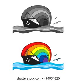 Sea fantasy - ship and birds on the background of the rainbow