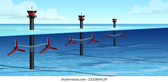 Sea farm. Renewable energy industry. Energy power. Nature generator. Clean electricity. Wind turbine. Modern ocean ecological production. Water station. Offshore tower. Vector illustration.