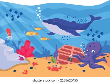 Sea Faun concept, Big blue dolphin Octopus and Treasure box Vector Icon Design, wildlife seabed scenery symbol, Tropical Sea Under Water Surface stock illustration, 