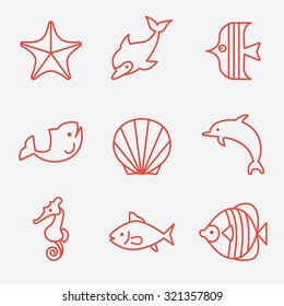 Sea fauna and fish icons, thin line style, flat design