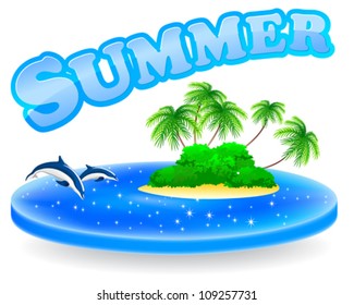 sea field with tropical island, dolphins and sign summer