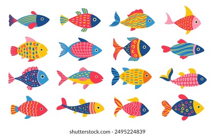 Sea fish abstract cartoon fantasy set. Stylized cute fish with hand drawn ornament. Childish exotic design abstract naive art. Tuna salmon or aquarium fishes. Flat design isolated vector illustration