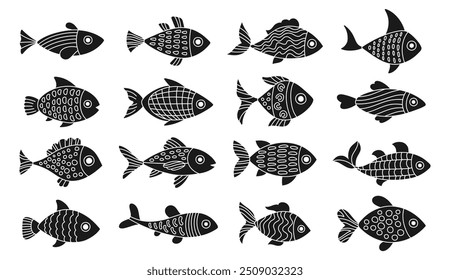 Sea fish abstract cartoon monochrome set. Stylized Scandinavian fish with ornament. Childish exotic design abstract naive art. Tuna salmon or aquarium fishes. Flat design isolated vector illustration