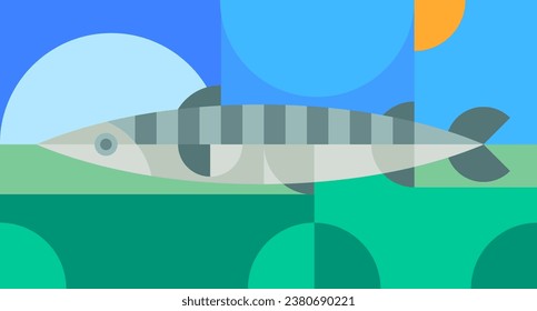 Sea fish in abstract geometric style. Modern retro minimal illustration. Fashion mosaic bauhaus concept design. Tuna, cod or salmon. Bright cartoon vector art for background fresh nautical food.