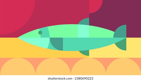 Sea fish in abstract geometric style. Modern retro minimal illustration. Fashion mosaic bauhaus concept design. Tuna, cod or salmon. Bright cartoon vector art for background fresh nautical food.