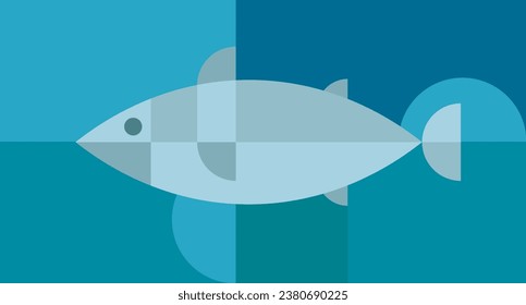 Sea fish in abstract geometric style. Modern retro minimal illustration. Fashion mosaic bauhaus concept design. Tuna, cod or salmon. Bright cartoon vector art for background fresh nautical food.