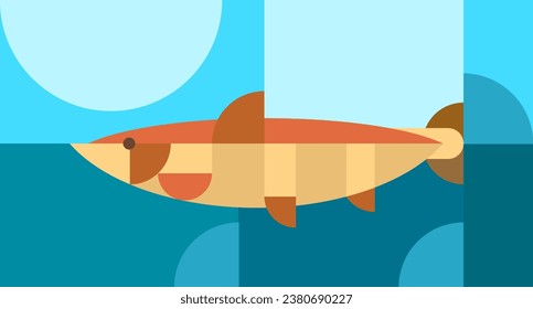 Sea fish in abstract geometric style. Modern retro minimal illustration. Fashion mosaic bauhaus concept design. Tuna, cod or salmon. Bright cartoon vector art for background fresh nautical food.