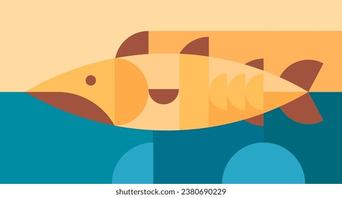 Sea fish in abstract geometric style. Modern retro minimal illustration. Fashion mosaic bauhaus concept design. Tuna, cod or salmon. Bright cartoon vector art for background fresh nautical food.