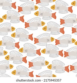 Sea fish in abstract style on a white background. Seamless pattern with wild flat animal