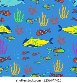 Las algas y los corales de los peces marinos se mantienen sin fisuras. Impresión de dibujo con la mano del vector. Vida marina.