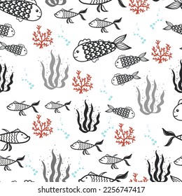 Sea fish algae and corals seamless pattern. Vector hand draw print. Sea ​​life