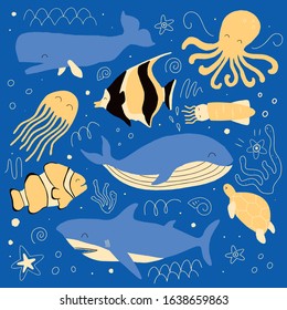 Sea fish and animals vector illustration.