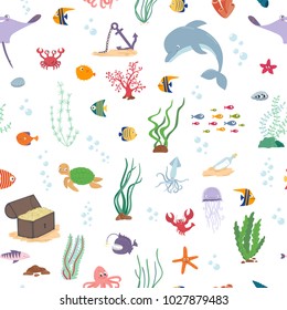Sea fish, sea animals and water plant. Seamless pattern on a white background