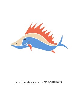 Sea fish with big crest isolated doodle style vector illustration. River underwater baby character clipart. Decoration for fashion design and kids things