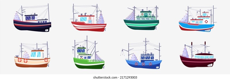 Seefischboot. Schiffsfracht Gewerbliches Flussschiff für Meeresfrüchte. Trawler in Wellen. Angeljacht mit Kran und Angel. Seitenansicht der Fischerboote. Vektorgrafik-Set