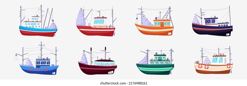 Sea fish boat. Fisherman trawler. Ocean harbor fishery icons. Traditional transportation in water. Fisher motorboats side view. Industrial vessels with fishing tackles. Vector ship set