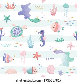 Sea Fish Characters Cartoon Seamless Background. Sealife Cute Pattern With Glitter Elements. Textile For Kids, Notebook Cover, Wrapping Paper. Vector Illustration