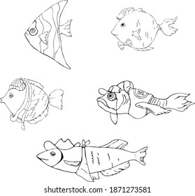 sea fish in clothes,on a white background,coloring book,vector illustration,marine theme