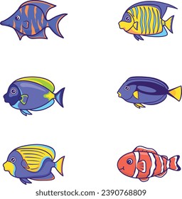 Sea fish collection isolated on white background. Set of Tropical fish vector cartoon icon. Aquarium animals Vector illustration. Clownfish, blue tangs, yellow tangs, coral and butterflyfish