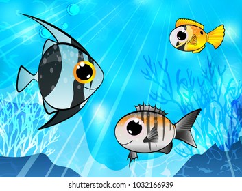 Sea fish collection. Vector illustration. Marine Life Landscape - the ocean and underwater world with different inhabitants. 