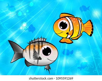 Sea fish collection. Vector illustration. Marine Life Landscape - the ocean and underwater world with different inhabitants.