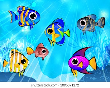 Sea fish collection. Vector illustration. Marine Life Landscape - the ocean and underwater world with different inhabitants. 