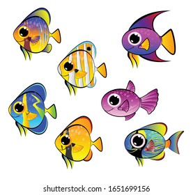 Sea fish collection. Vector illustration. Marine Life. Underwater world with different inhabitants.