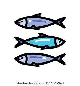 Sea fish color vector icon set. Sardine icons isolated illustration, web design sign, simple flat concept symbol. Illustration isolated on white background.