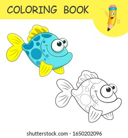 Sea fish. Coloring book or page cartoon of funny Sea Fish for kids. Cute colorful cartoon fish as an example for coloring book. Practice worksheet for preschool and kindergarten. Vector illustration