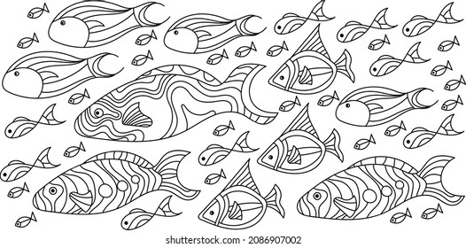 Sea fish Coloring page anti stress . Hand drawn Monochrome Vector illustration