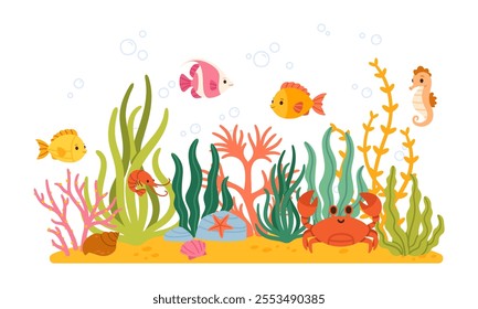 Sea fish, coral seaweed. Ocean coral reef composition. Underwater life with crab, algae, sea plants, sea horse, star, shells. Aquarium inhabitants. Vector concept.