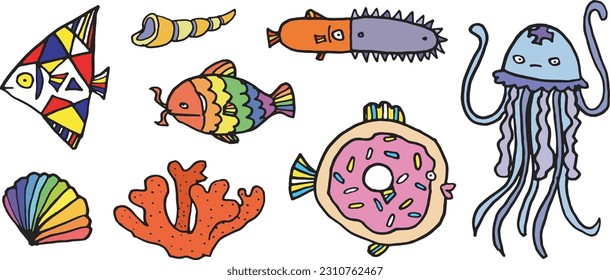 Sea fish creatures cartoon funny marine kids vector set