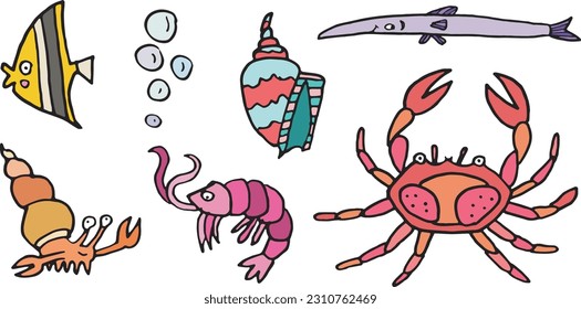 Sea fish creatures cartoon funny marine kids vector set