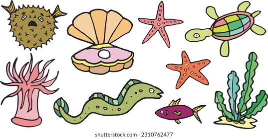 Sea fish creatures cartoon funny marine kids vector set