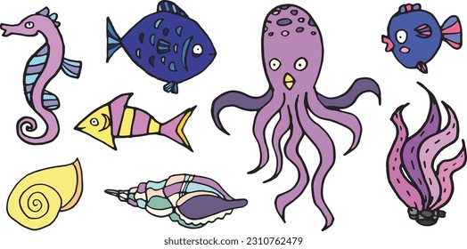 Sea fish creatures cartoon funny marine kids vector set