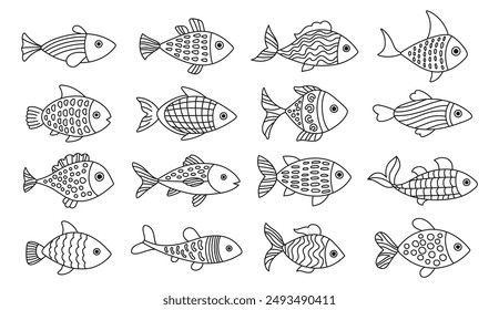 Sea fish doodle cartoon fantasy set. Outline cute fish with hand drawn ornament. Childish exotic design abstract naive art. Tuna salmon or aquarium fishes. Flat design isolated vector illustration