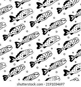 Sea Fish Doodle For Pattern. Salmon Swims To Spawn Up River. Seamless Print With Chum Salmon. Restaurant Sushi Menu Design, Health Food Store. Illustration In Theme Of Tourism, National Park, Fishing.