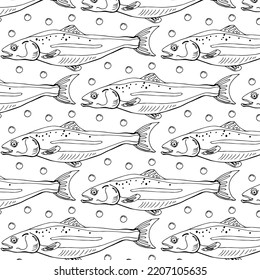 Sea Fish Doodle For Pattern. Salmon Swims To Spawn Up River. Seamless Print With Chum Salmon. Restaurant Sushi Menu Design, Health Food Store. Illustration In Theme Of Tourism, National Park, Fishing.