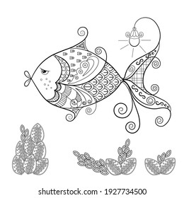 Sea fish with a flashlight and seaweed on a white background. Anti-stress coloring book for children and adults
