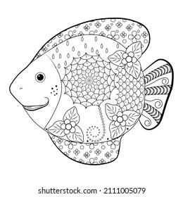 Sea fish with flowers and a doodle pattern on a white background. Anti-stress coloring book for children and adults. Decorative element for design